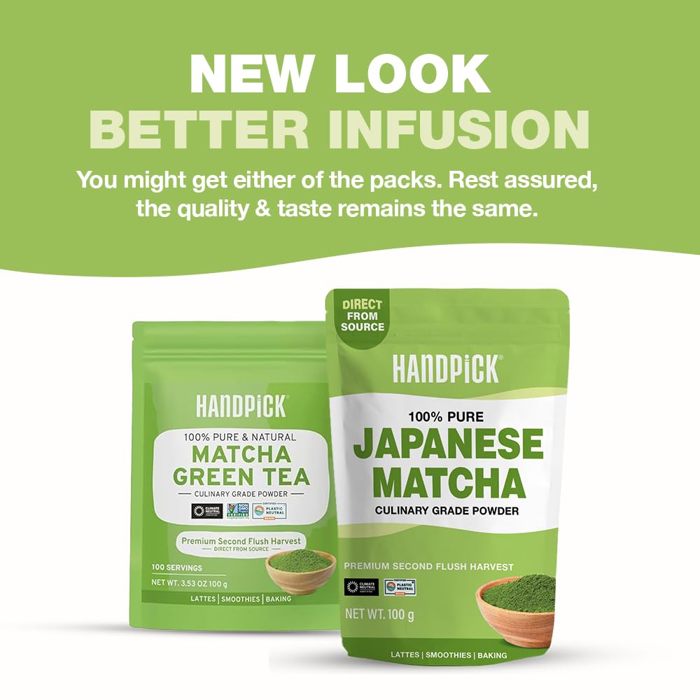 HANDPICK Japanese Matcha Green Tea Powder (100g) - Culinary Grade, Non-GMO, Resealable Packaging