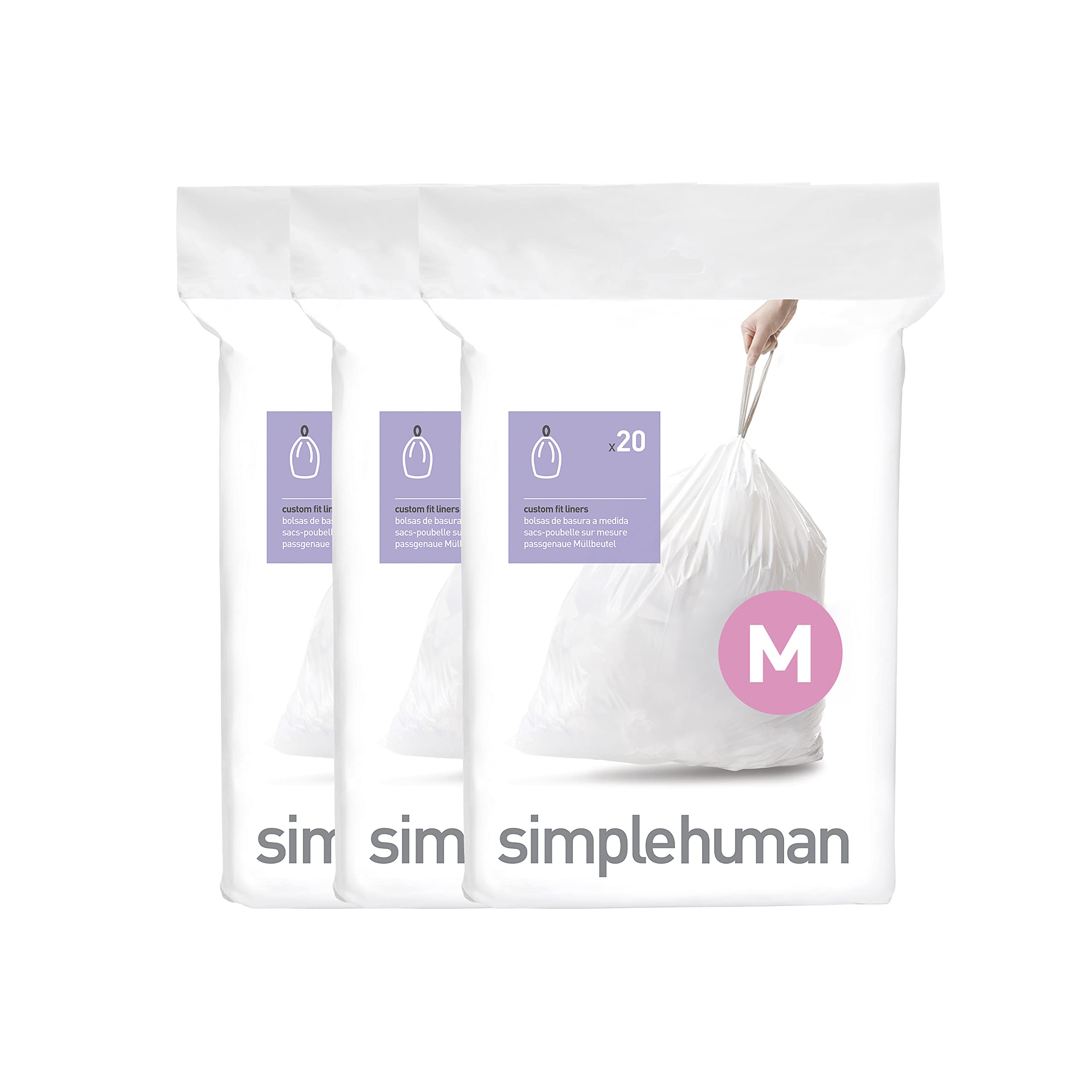 simplehuman Code M Custom Fit Liners - Extra Strong, 45L Capacity, 60 Count Drawstring Bags 1