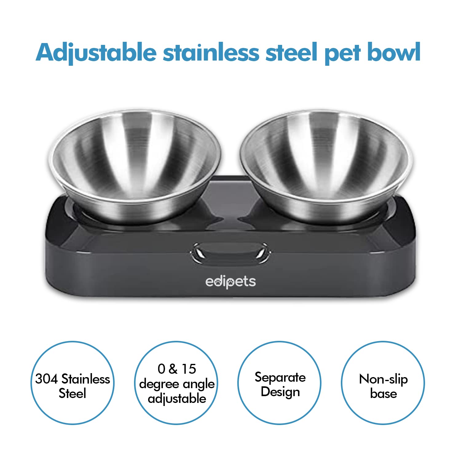 Edipets Double Stainless Steel Pet Bowl Set with Non-Slip Base | 2 Bowls | 5.1 Inch Diameter