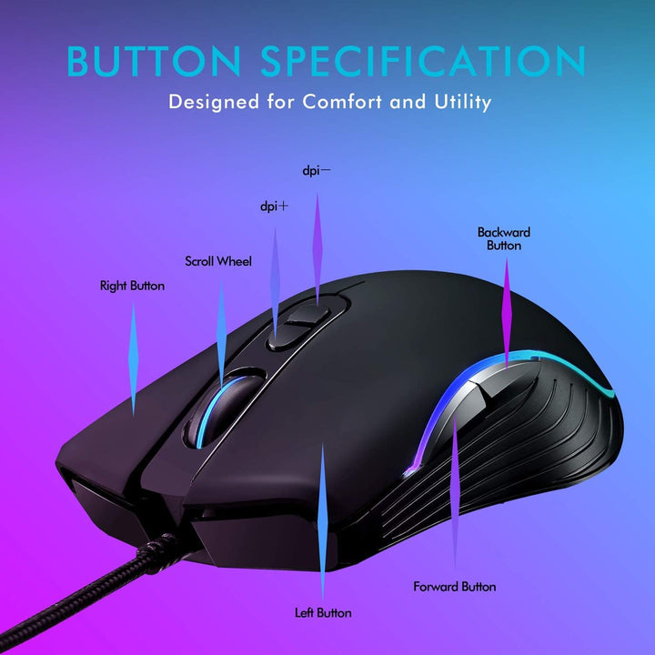 Lycander Gaming Mouse LMC380 - Wired Optical USB with 6400 DPI, 7 Buttons, RGB LED, 1.5M Cable