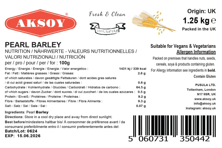 Aksoy Wholefoods Pearl Barley 1.25KG - Whole Grain for Soups, Salads & Pilafs