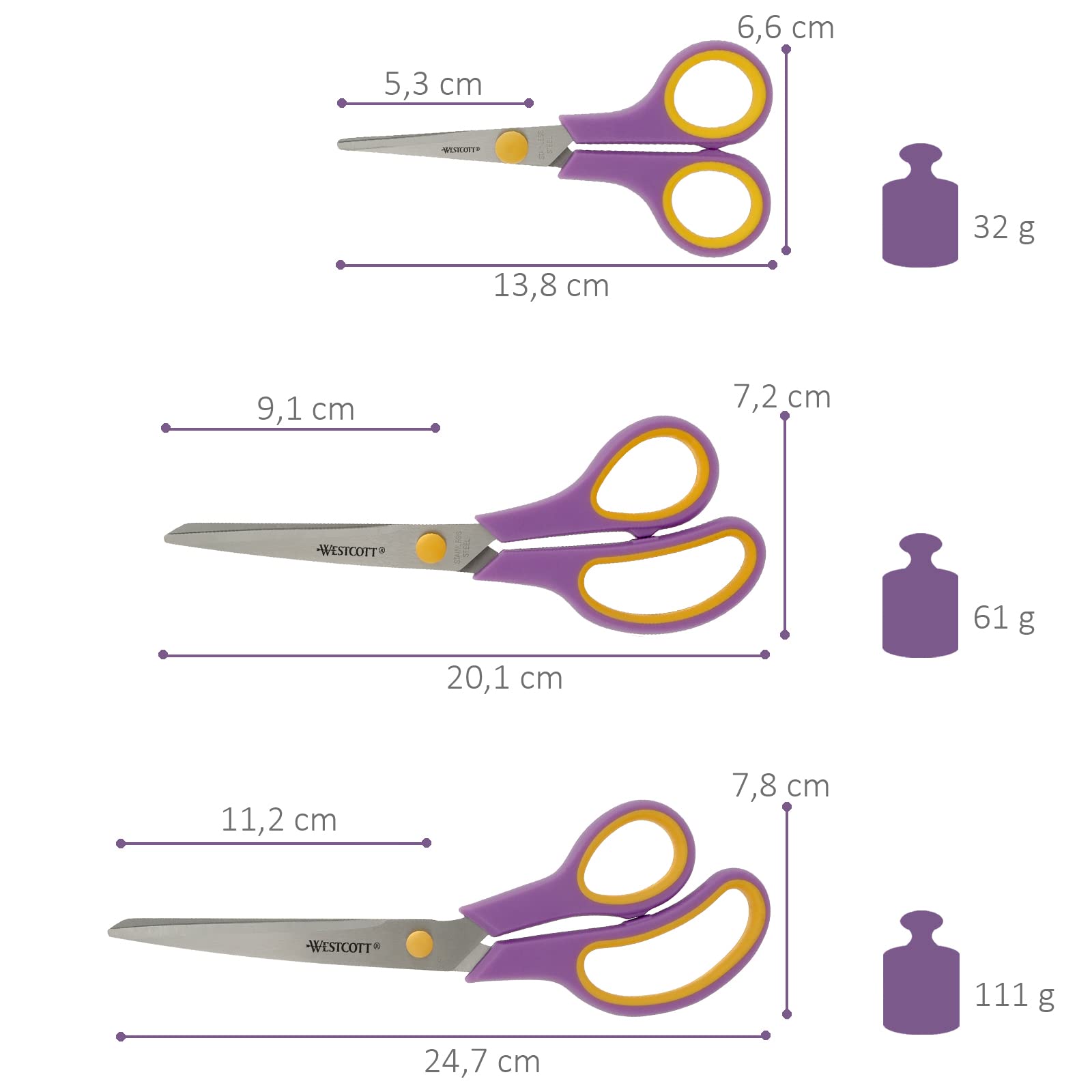 Westcott Easy Grip Scissors Set - 3 Universal Sizes (13.8, 20.1, 24.7 cm) | Titanium Technology 2