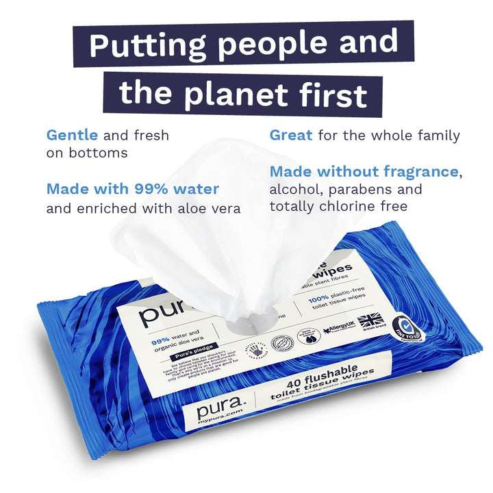 Pura - Flushable Moist Toilet Tissue Wipes 100% Plastic-Free Biodegradable Wet Wipes (40 Count)
