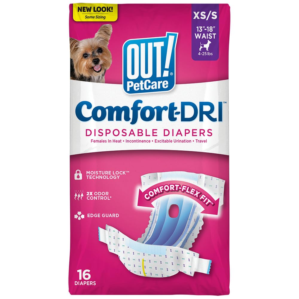 OUT! Disposable Female Dog Diapers - XS/S Size, Leak-Proof Fit, Pack of 16
