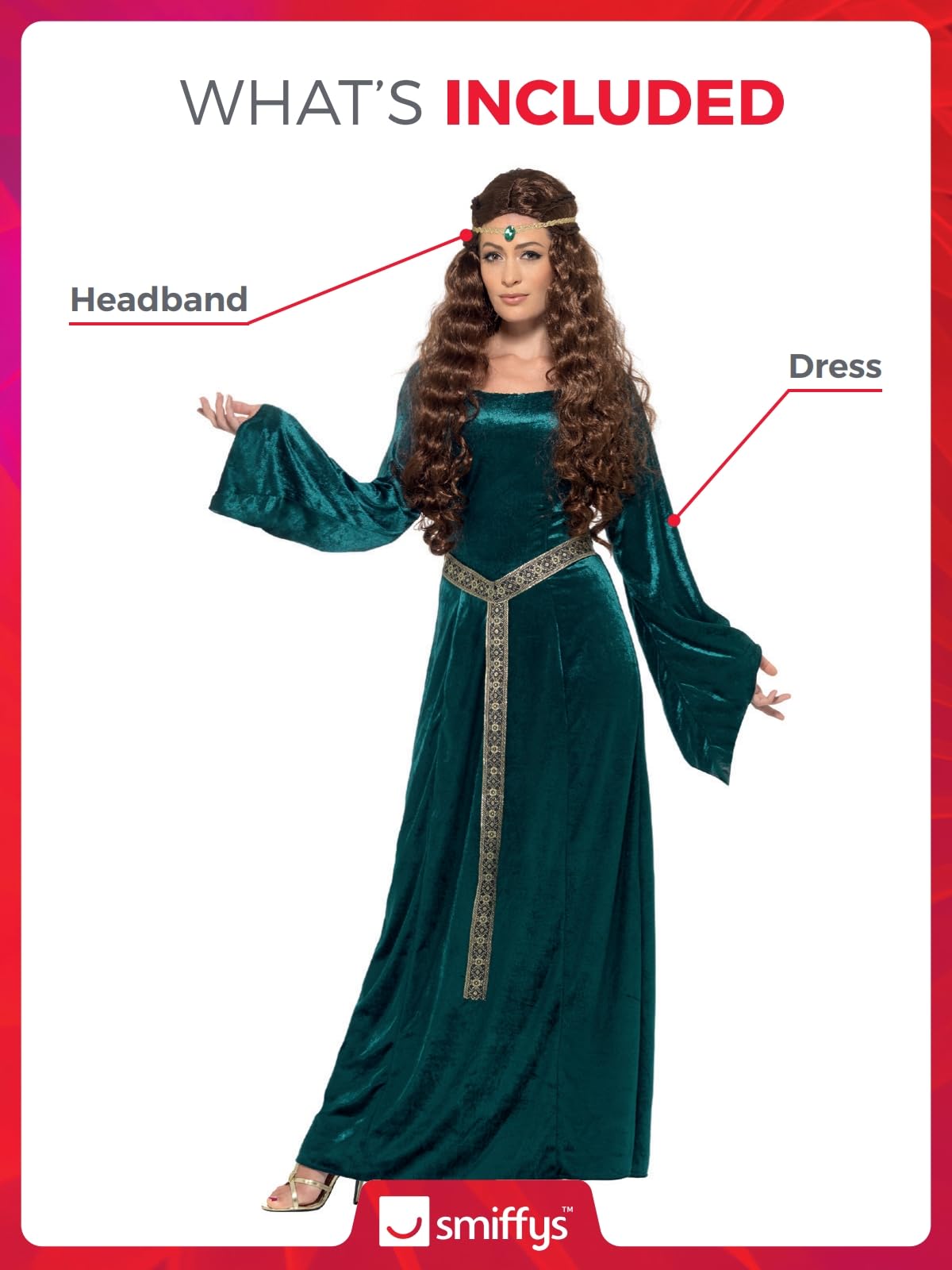Smiffys Medieval Maid Costume - Green Dress & Headband for Adult Women 3