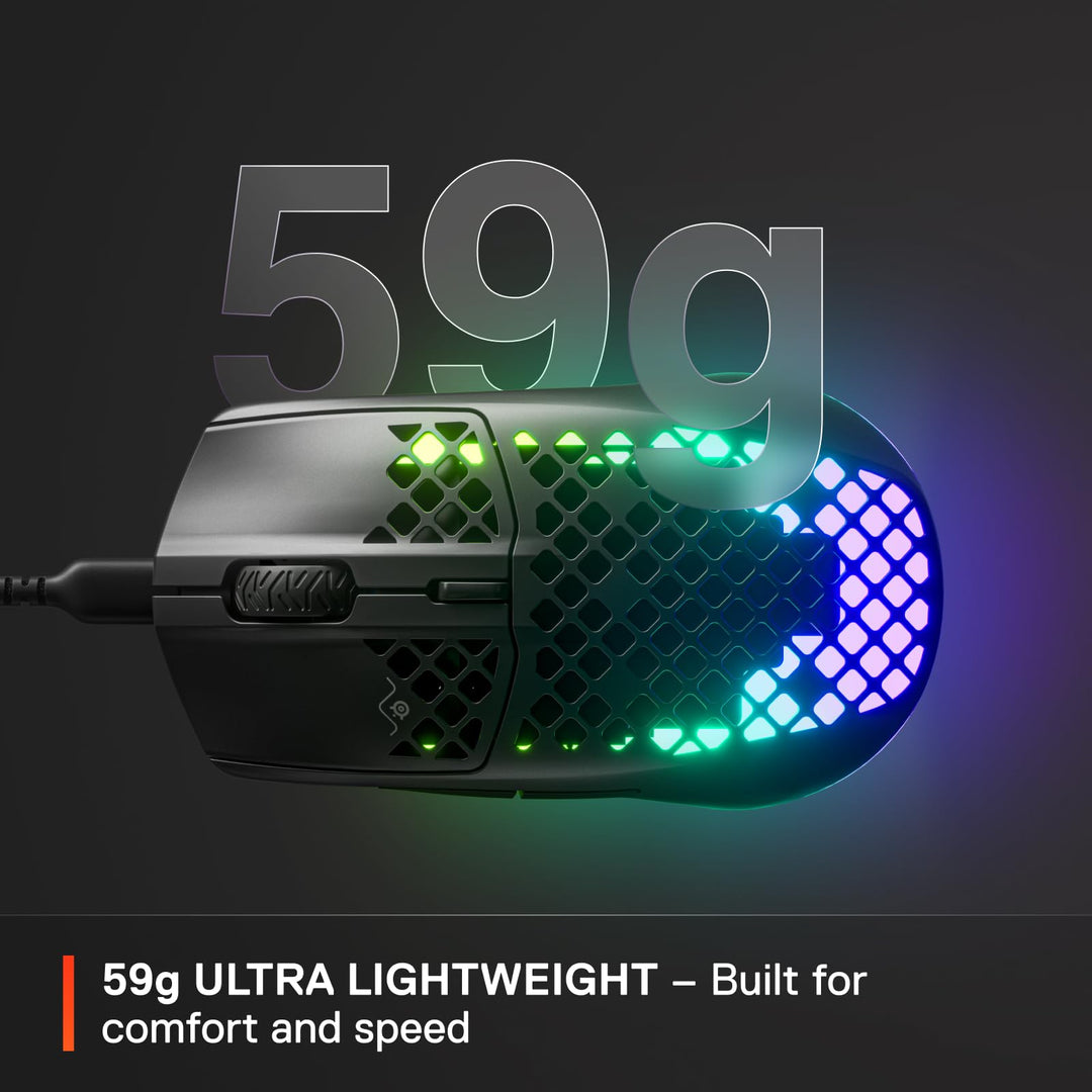 SteelSeries Aerox 3 - 59g Ultra-Lightweight Holey RGB Gaming Mouse with IP54 AquaBarrier