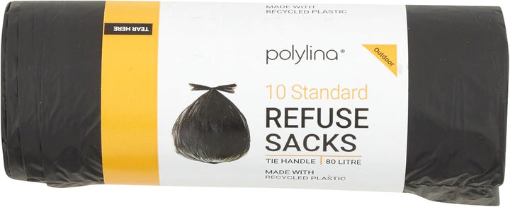 Polylina 10 Pack Tie Handle Refuse Sacks, 80 Litre Black Bin Bags Made from Recycled Plastic