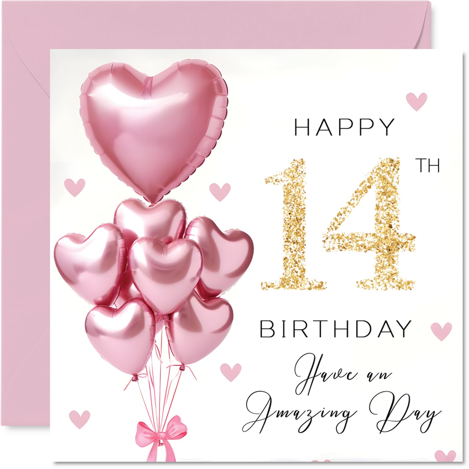 Stuff4 14th Birthday Card for Girls - Pink Glitter Balloons | 145mm Square | Blank Inside 1