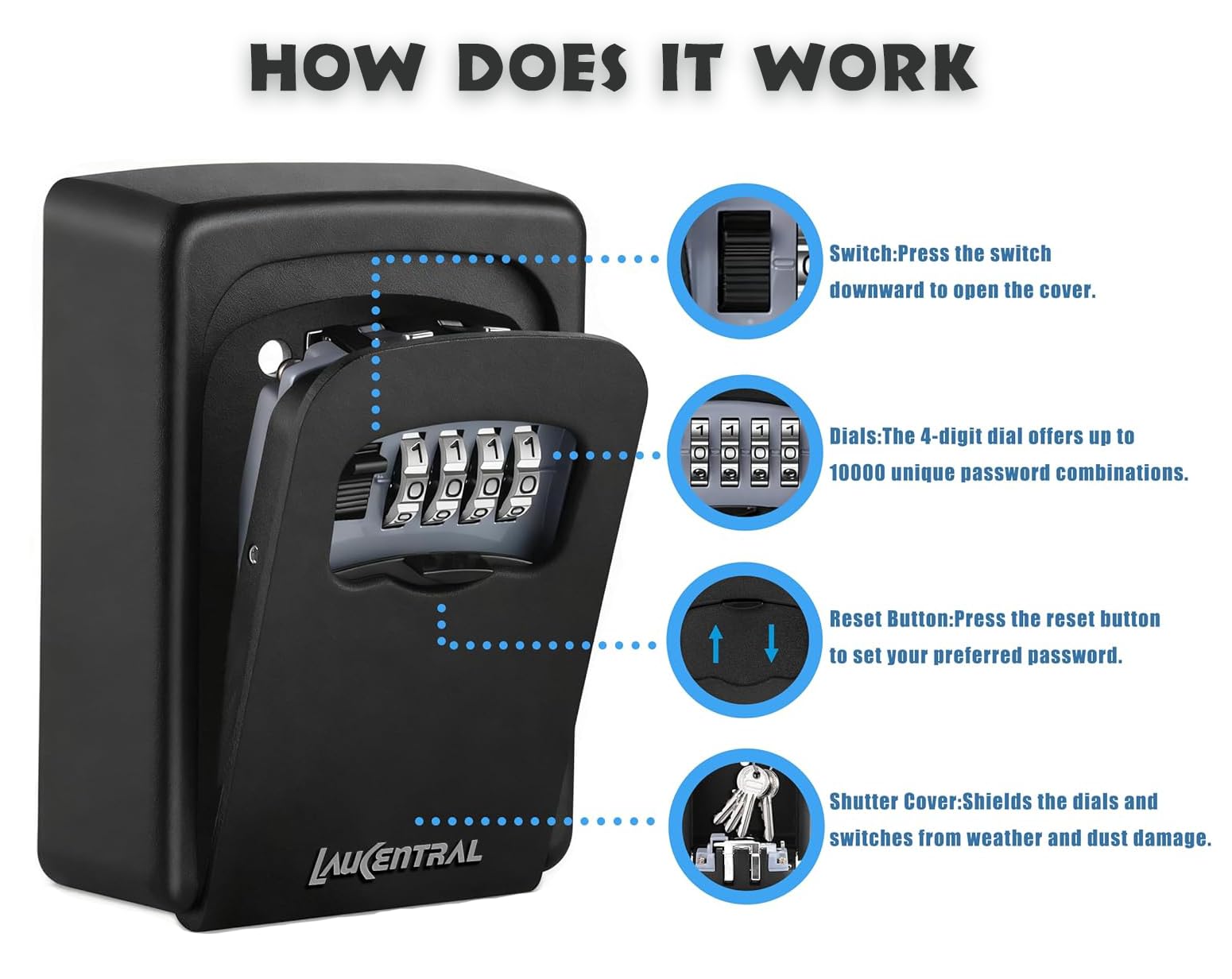 LauCentral Key Safe Wall Mounted - 4-Digit Combination Lock | Weatherproof Aluminum-Zinc Alloy 3