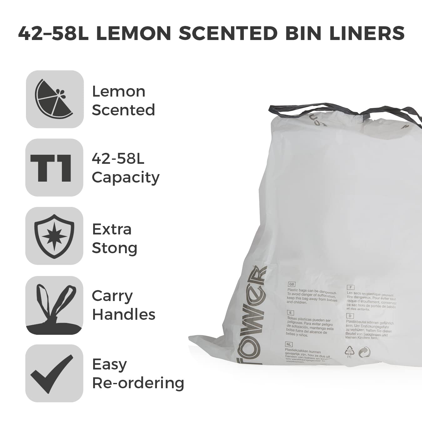 Tower T878000 Heavy Duty Drawstring Bin Liners - 42-58L Capacity, Lemon Scented | 20 Pack 2