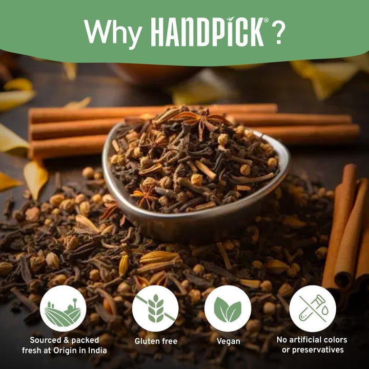 HANDPICK Masala Chai Tea Bags from India (100 Count) - Cinnamon, Black Pepper, Cloves & Cardamom - Eco-conscious Round Tea Bags