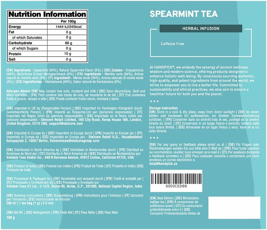 HANDPICK Spearmint Tea Bags (100 Count) Non-GMO, 100% Pure Spearmint Leaf, Tea Board of India Certified