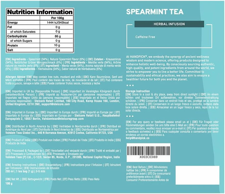 HANDPICK Spearmint Tea Bags (100 Count) Non-GMO, 100% Pure Spearmint Leaf, Tea Board of India Certified