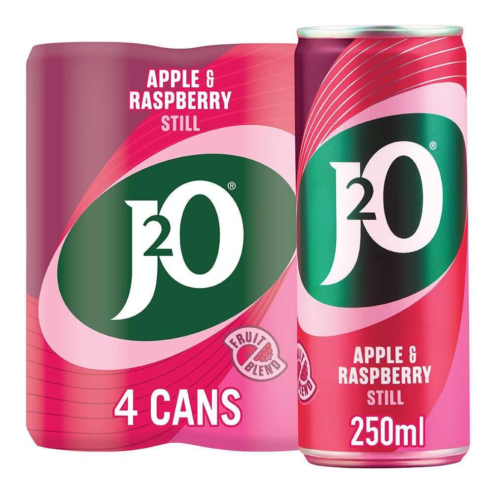 J2O Apple & Raspberry Fruit Drink Cans - 4 x 250ml Pack | Low Calorie