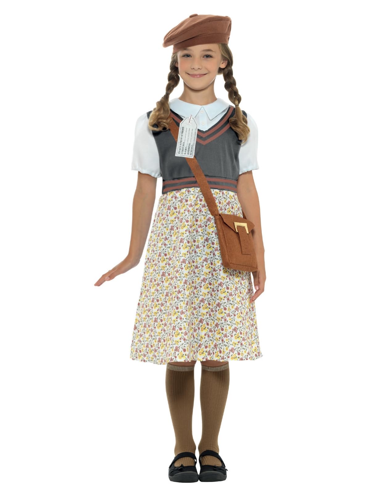 Smiffys Evacuee School Girl Costume - Dress, Hat, Bag & Name Tag for Girls 1