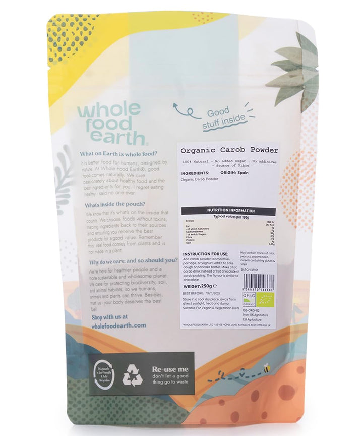 Organic Carob Powder 250g - Grade A Vegan Chocolate Substitute - Wholefood Earth