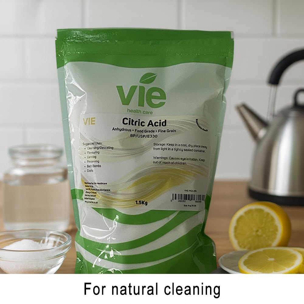 VIE Citric Acid - Pure Anhydrous Powder 1.8kg for Cleaning, Descaling & Home Use