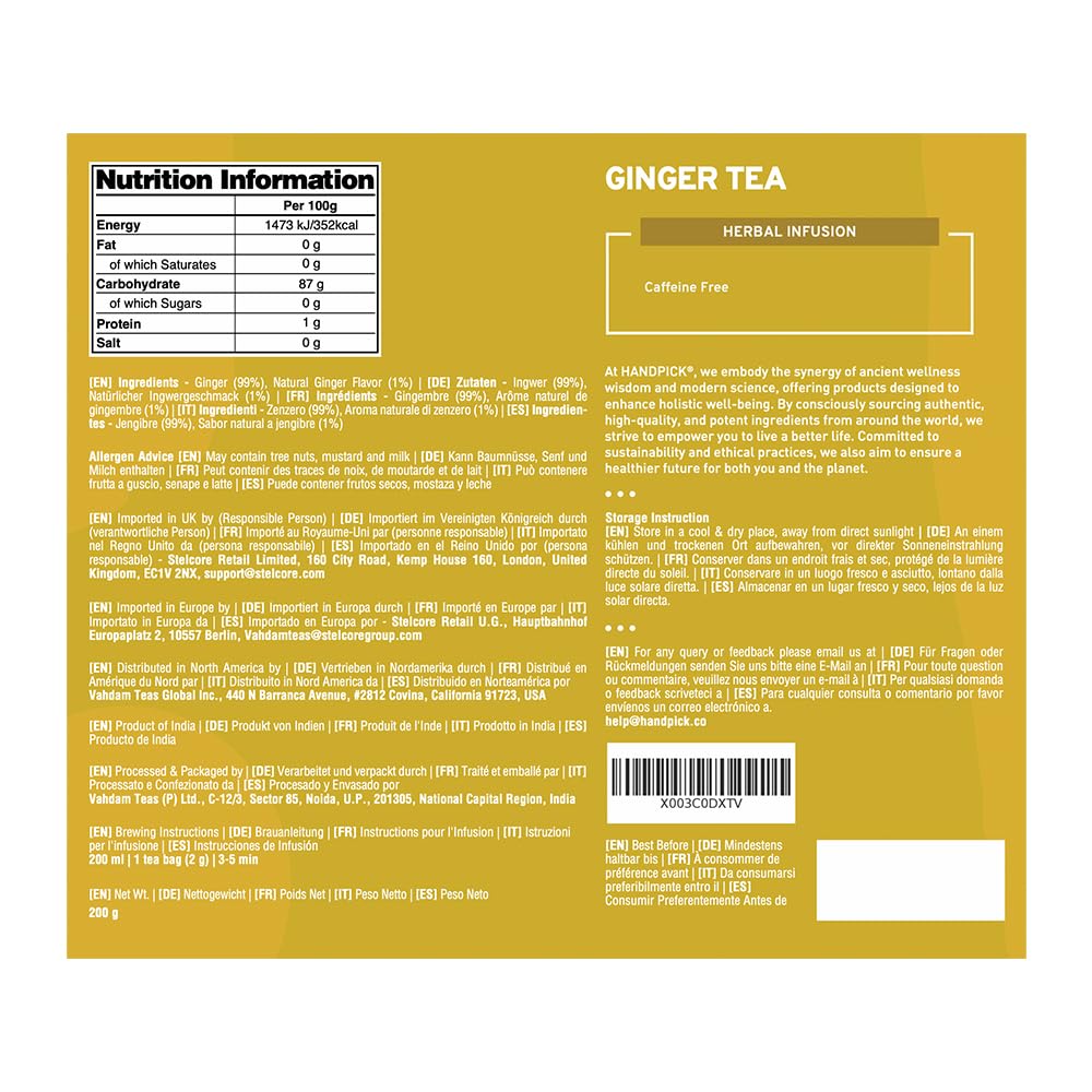 HANDPICK Ginger Tea Bags (100 Count) Non-GMO, Pure Ingredients - Soothing & Spicy Herbal Tea | Eco-conscious Round Tea Bags 8