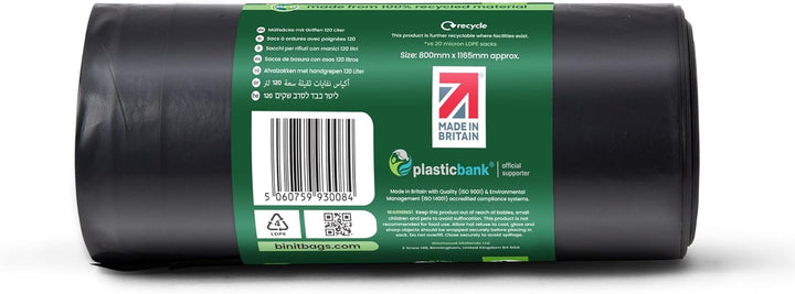 BIN IT 10 Tie Top Ultra Heavy Duty 120L Refuse Sacks - 60μm Recycled LDPE Bin Bags