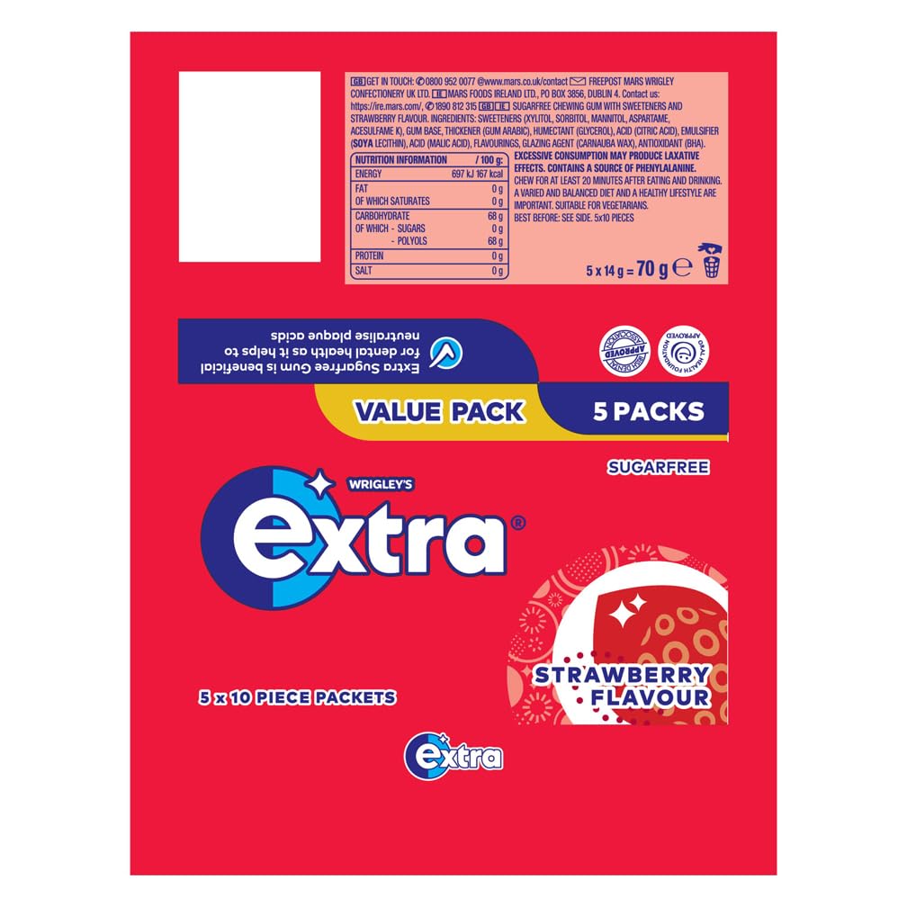 Wrigley's Extra Strawberry Flavour Sugar-Free Chewing Gum, 5 Packs of 10 Pieces