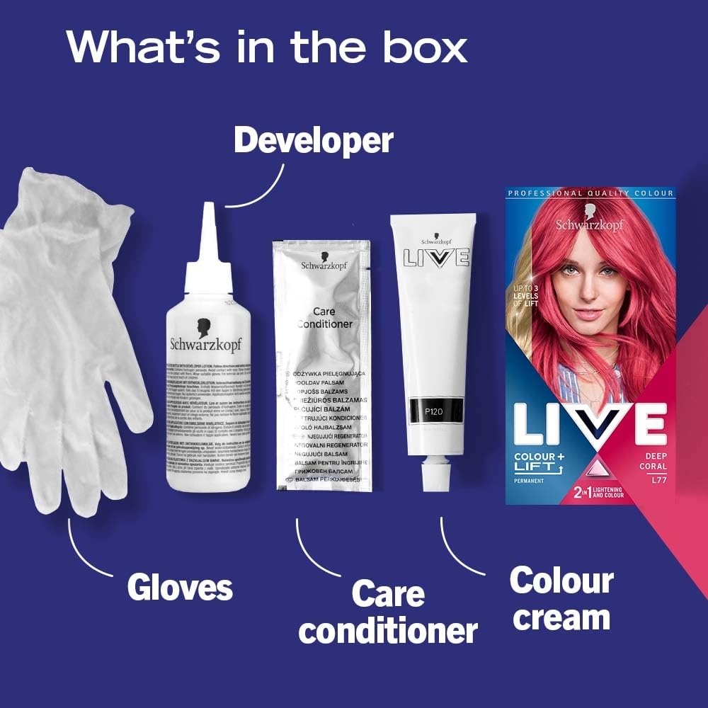 Schwarzkopf LIVE Colour + Lift Deep Coral L77 Permanent Hair Dye - Vibrant Pink with Built-In Lightener (60ml) 3