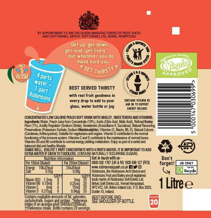 Robinsons Fruit & Barley Peach Squash, 1L Bottle