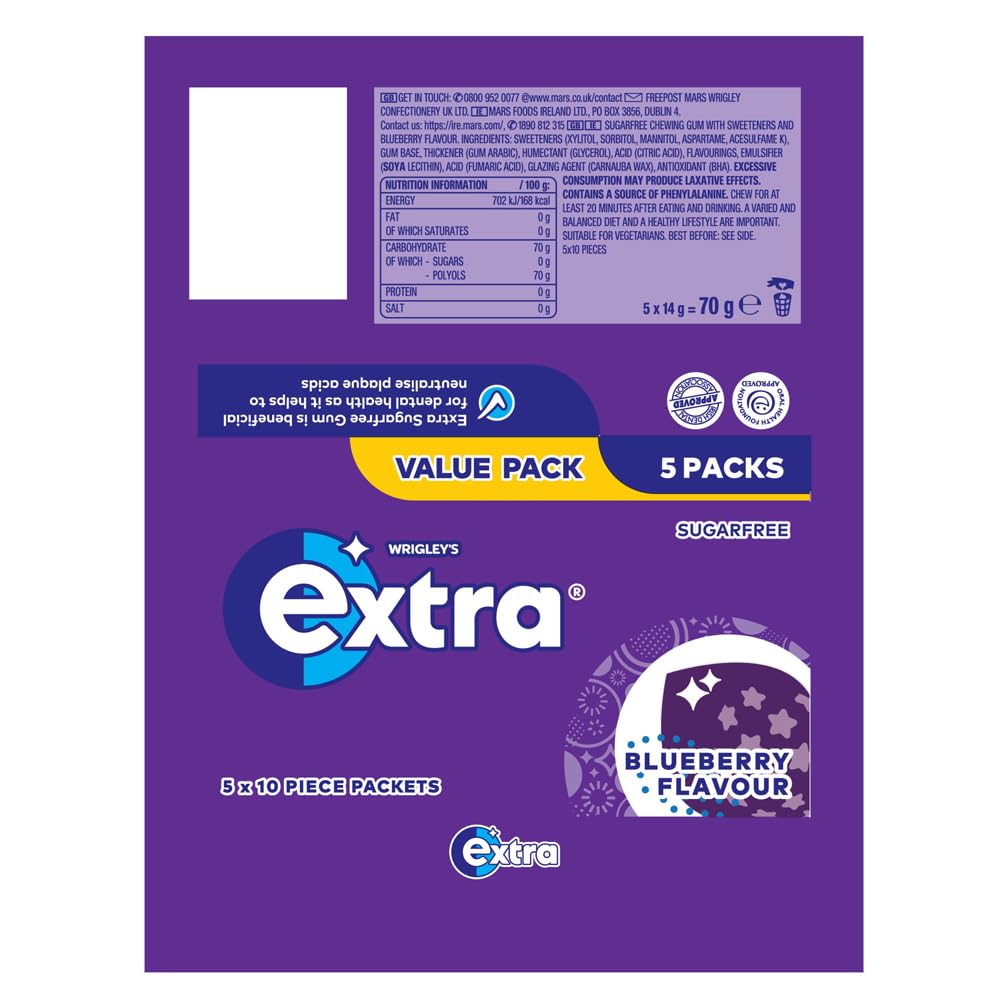 Wrigley's Extra Blueberry Sugar-Free Chewing Gum - 5 Packs of 10 Pieces (50 Total)