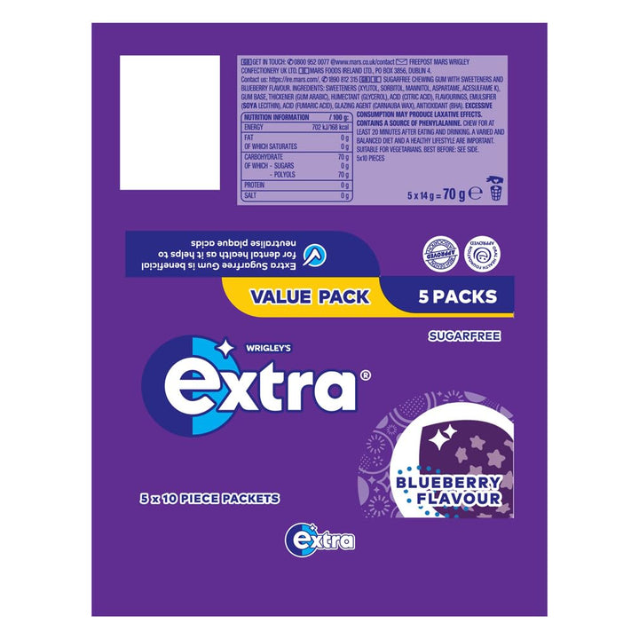 Wrigley's Extra Blueberry Sugar-Free Chewing Gum - 5 Packs of 10 Pieces (50 Total)