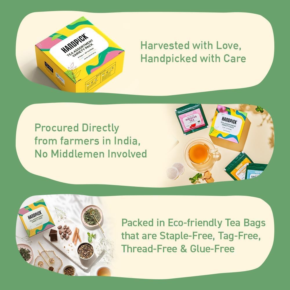 HANDPICK Tea Sampler Gift Box - 8 Flavors, 40 Tea Bags | English Breakfast, Green, Herbal 6