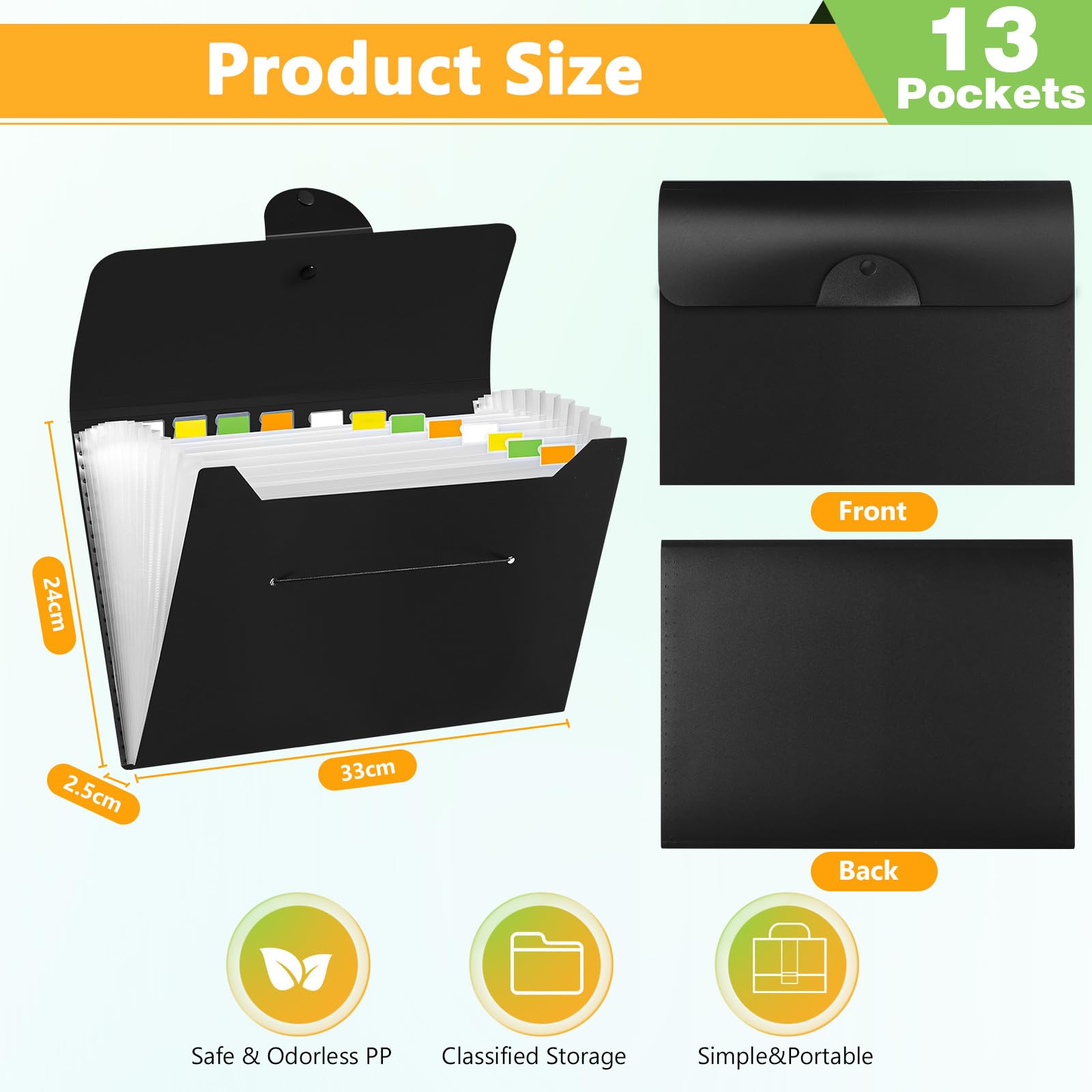 Brencco Expanding File Folder - 13 Pockets, Black Polypropylene (PP) Document Organizer | Snap Closure