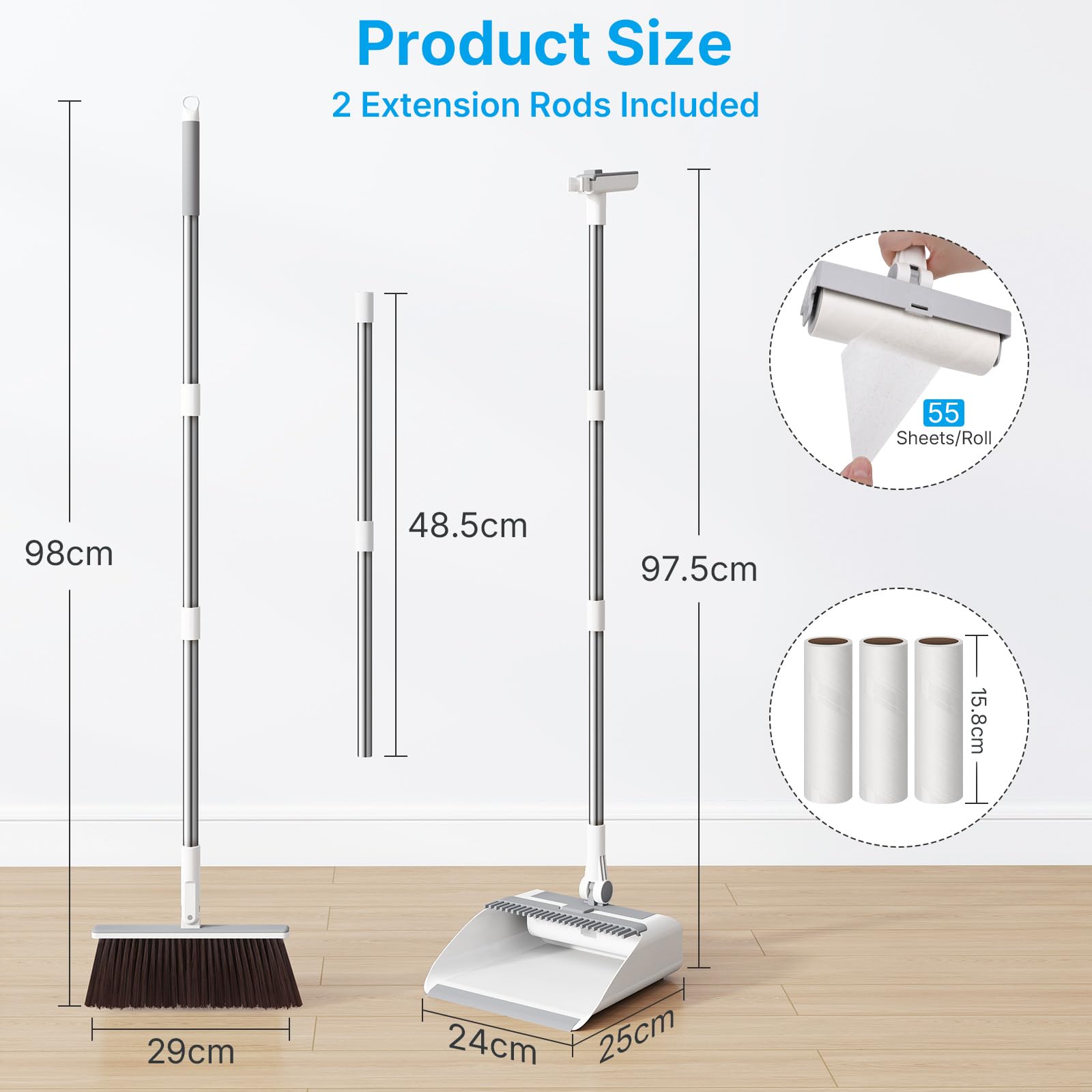 Euqvunn - Dustpan and Brush Sets Long Handled 3-in-1 with Lint Roller 2