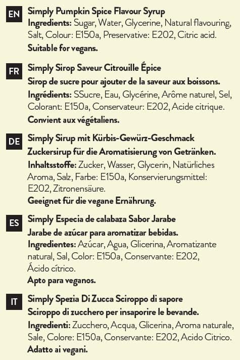 Simply Pumpkin Spice Syrup - Vegan & Nut Free Flavoured Syrup for Coffee, Cocktails, Baking 1L