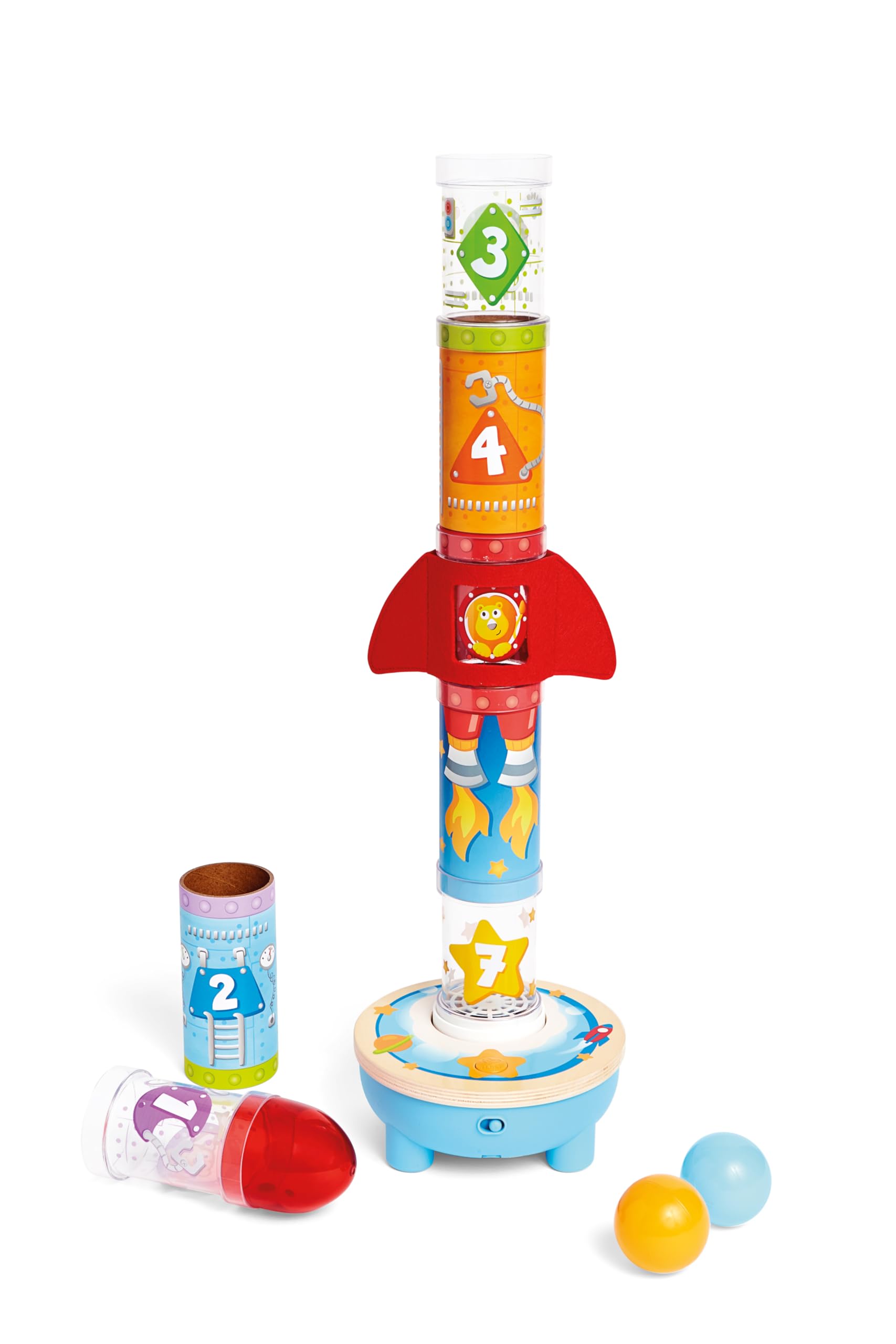 Hape Air-Powered Rocket Stacker Ball Launcher Playset | Ages 24 Months+ | Wood 14