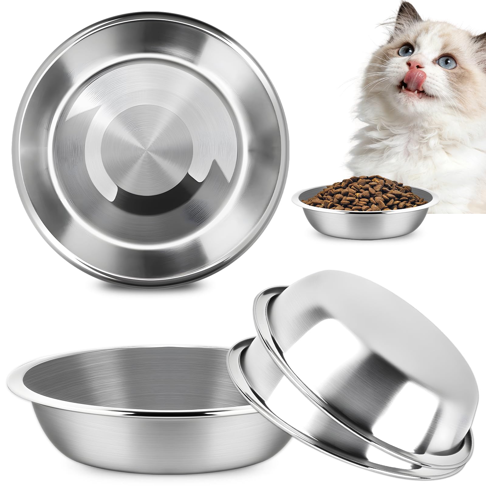 MOXYOY 3-Piece Stainless Steel Cat Food Bowls | 5.5-inch Diameter | Whisker Friendly
