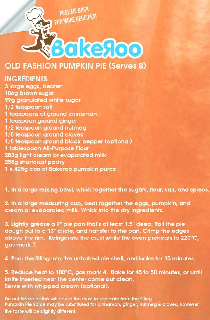 Bakeroo Tinned Pumpkin Puree (Pumpkin Pie Filling), 100% Natural - Pack of 3, 425g Each