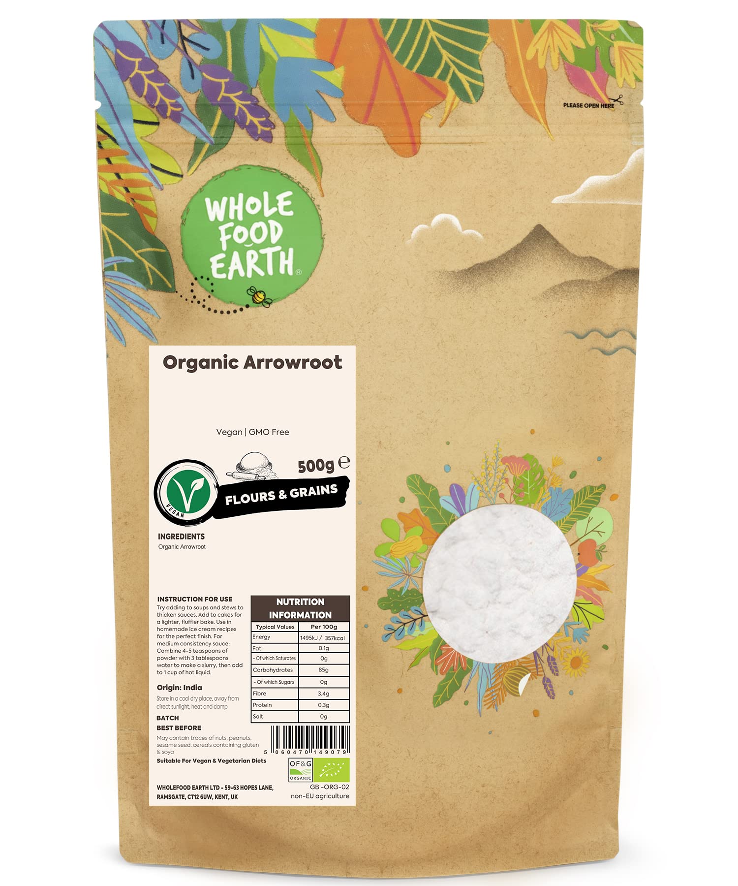 Wholefood Earth Organic Arrowroot Starch 500g - Vegan, GMO-Free, Certified Organic 1