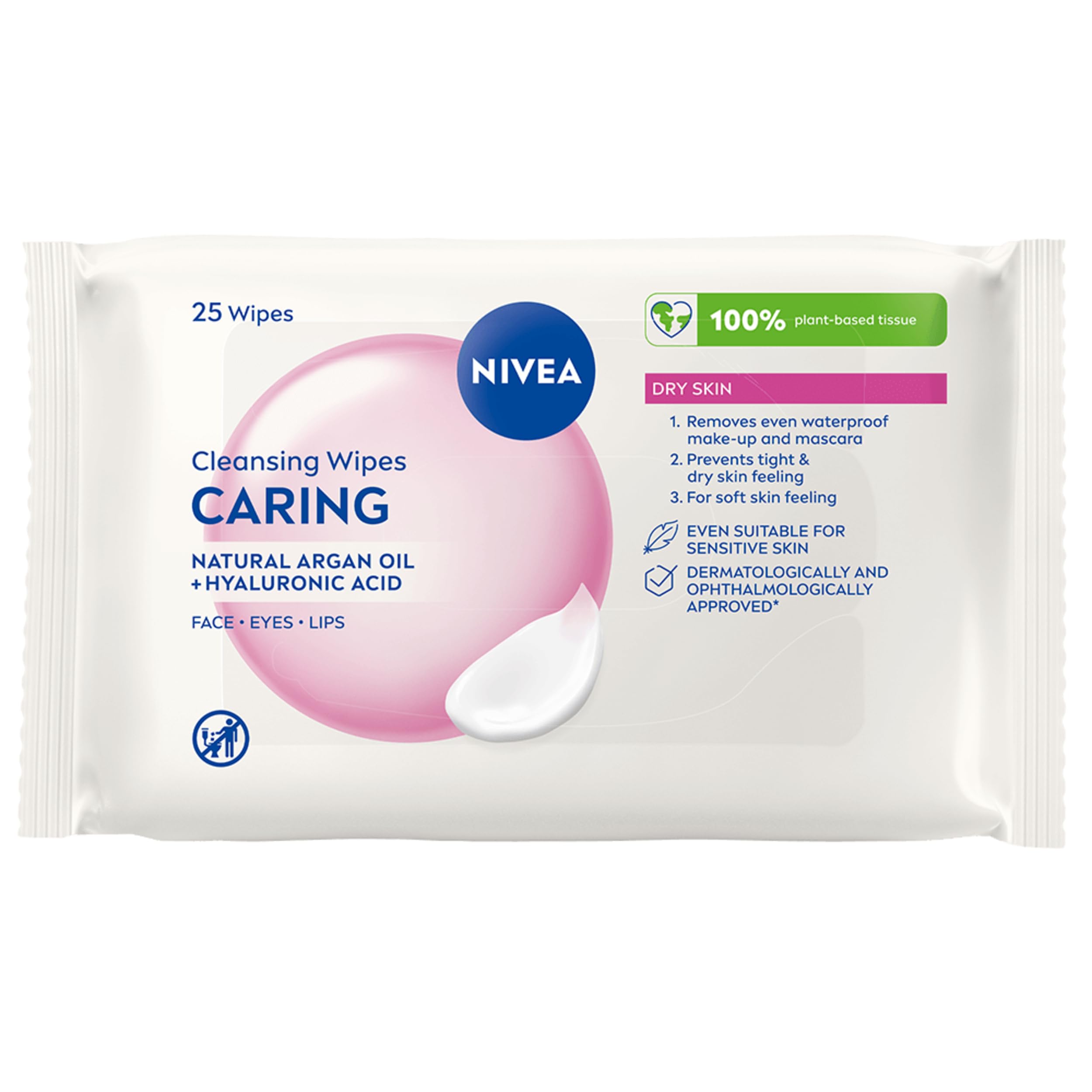 NIVEA Caring 3-in-1 Cleansing Face Wipes for Dry Skin - 25 Sheets | Waterproof Makeup Removal