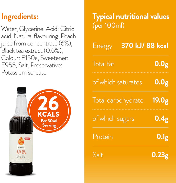 Simply Sugar Free Peach Iced Tea Syrup - Vegan, Gluten Free & Halal Certified Beverage Concentrate