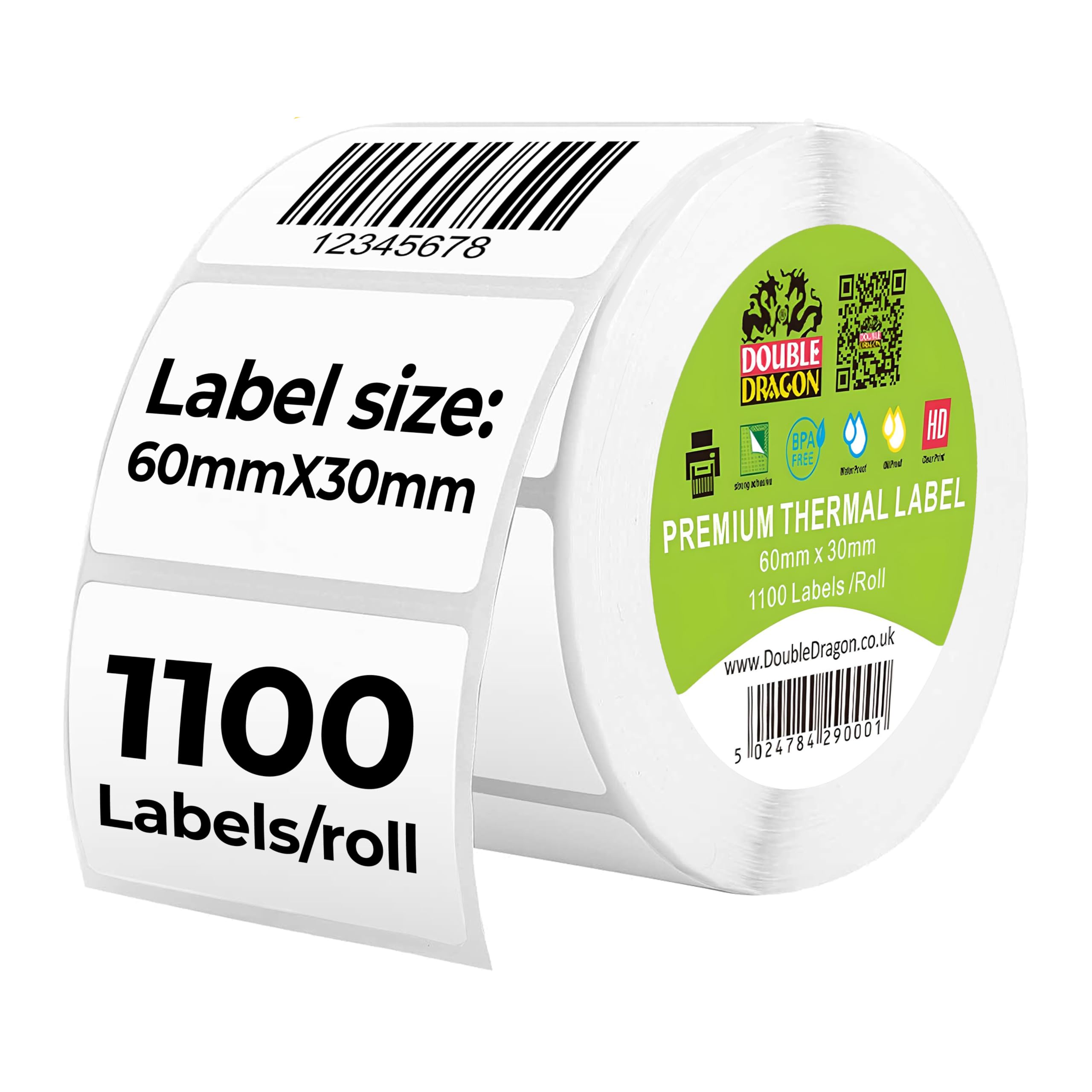 Double Dragon Direct Thermal Printer Labels - 60mm x 30mm, 1,100 Labels per Roll 1