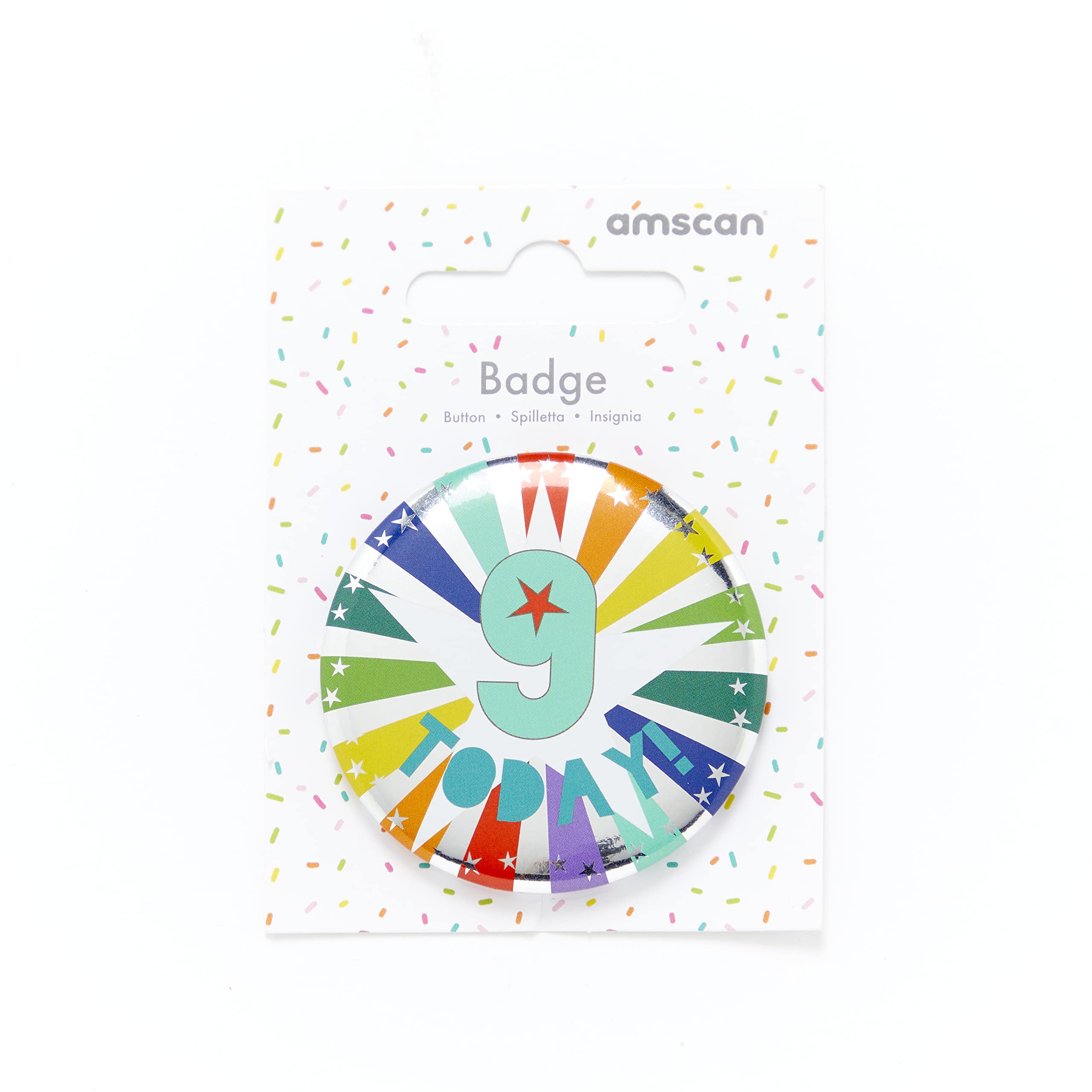 Amscan 9 TODAY! Multicoloured Star Print Kids Birthday Badge - 6cm 5
