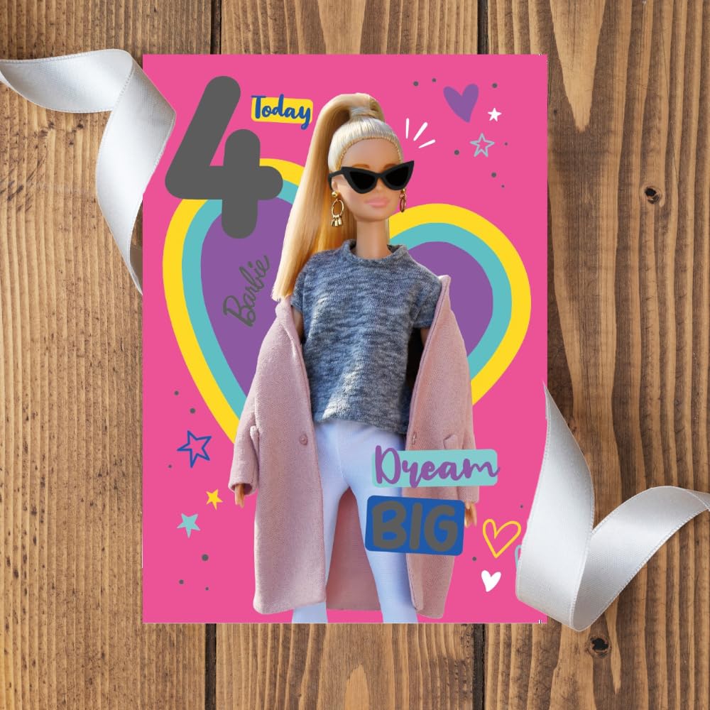 Barbie Age 4 Birthday Card - '4 Today Dream Big' Message | 7x6 Inches 5