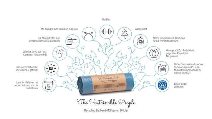TSP Recycling Drawstring Bin Liners, 20 L, 15-Pack, Made from 90% Post-Consumer Recycled PE, Blue Angel Certified