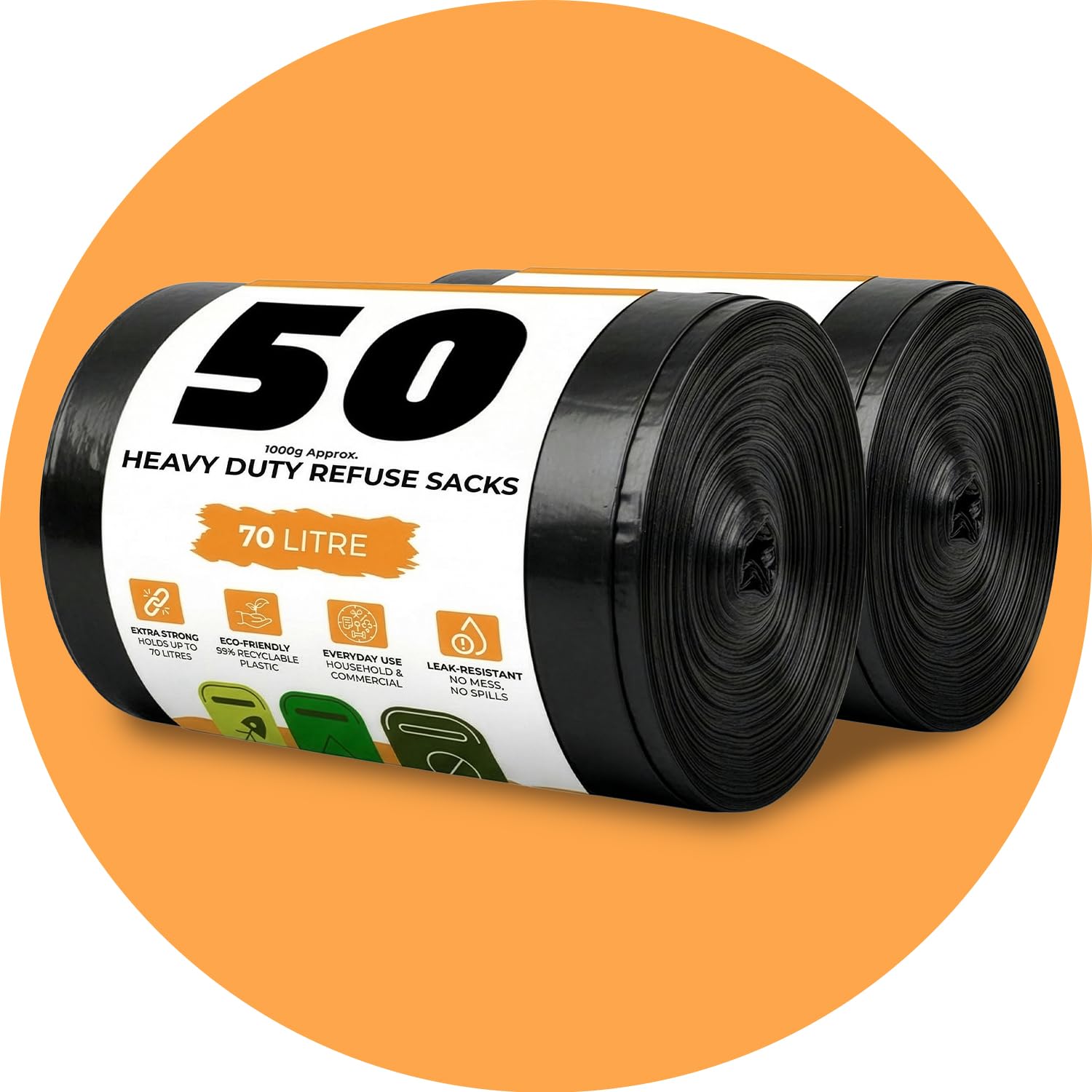 Roe Tenpo Heavy Duty Bin Bags - 100 Pack, 70L Capacity, 30 Micron Thick | Recycled Plastic