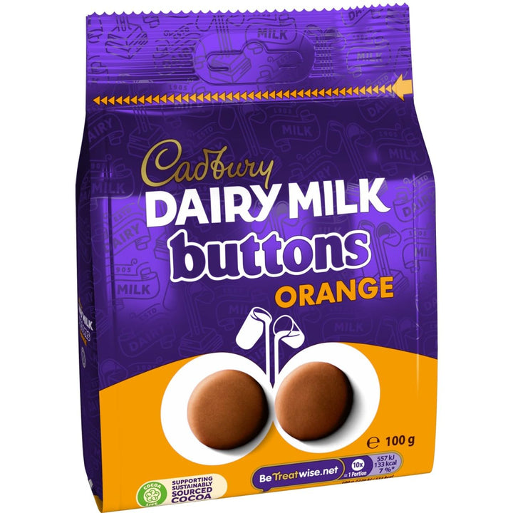 Cadbury Dairy Milk Chocolate Orange Flavour Giant Buttons, 100g Sharing Bag