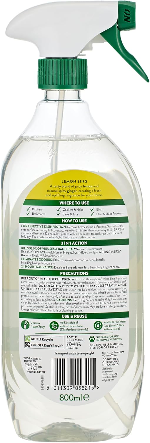 Zoflora Lemon Zing Multipurpose Disinfectant Spray, 800ml Antibacterial Multi-Surface Cleaner