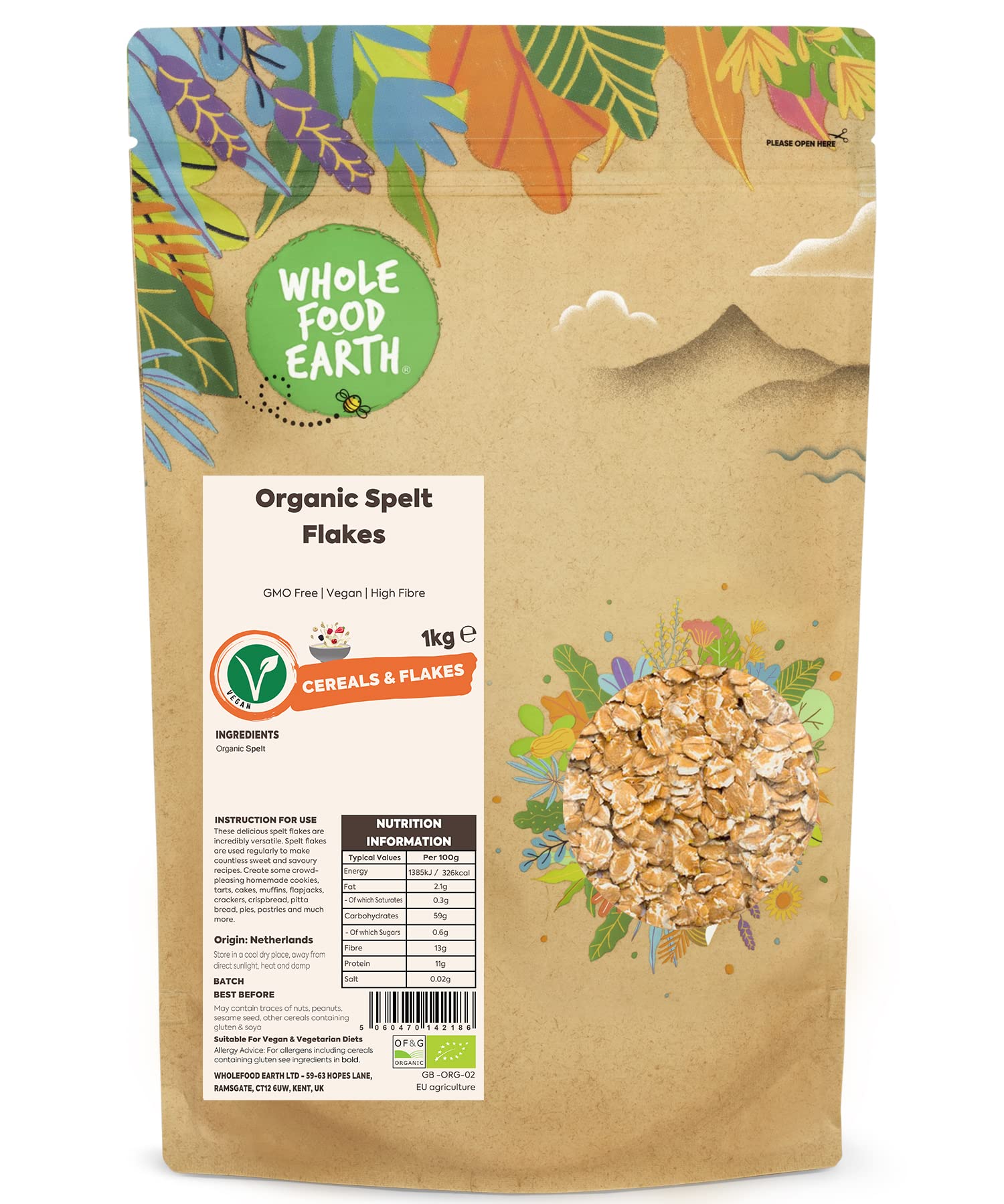 Wholefood Earth Organic Spelt Flakes - 1kg | High Fibre | Vegan | GMO Free 1
