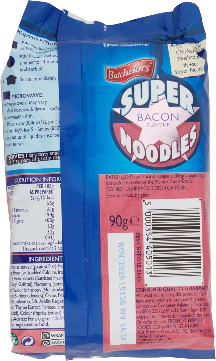 Batchelors Super Noodles Bacon Flavour Instant Snack 90g