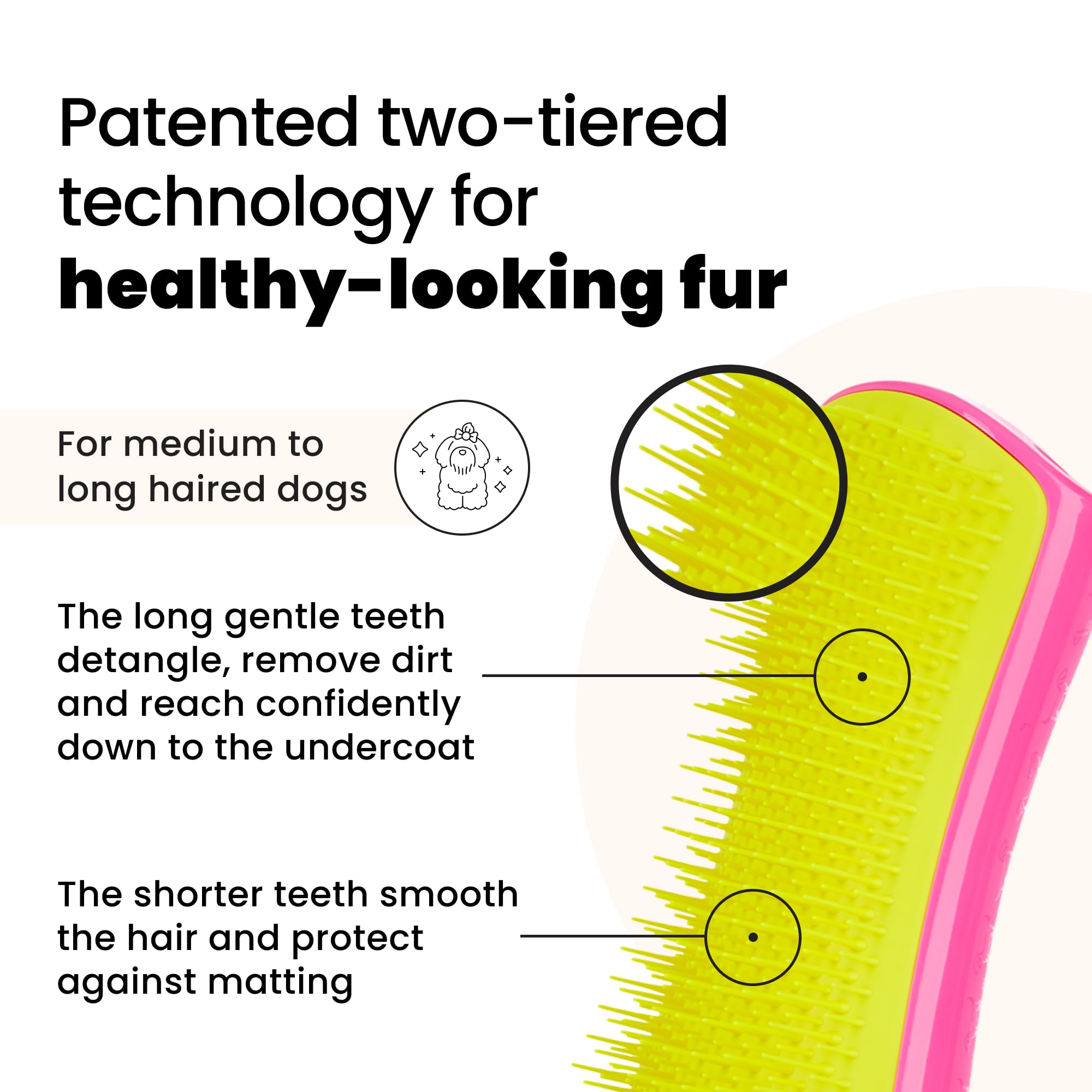 Pet Teezer Large Detangling Dog Grooming Brush - Pink & Yellow | Gentle Wet/Dry Use