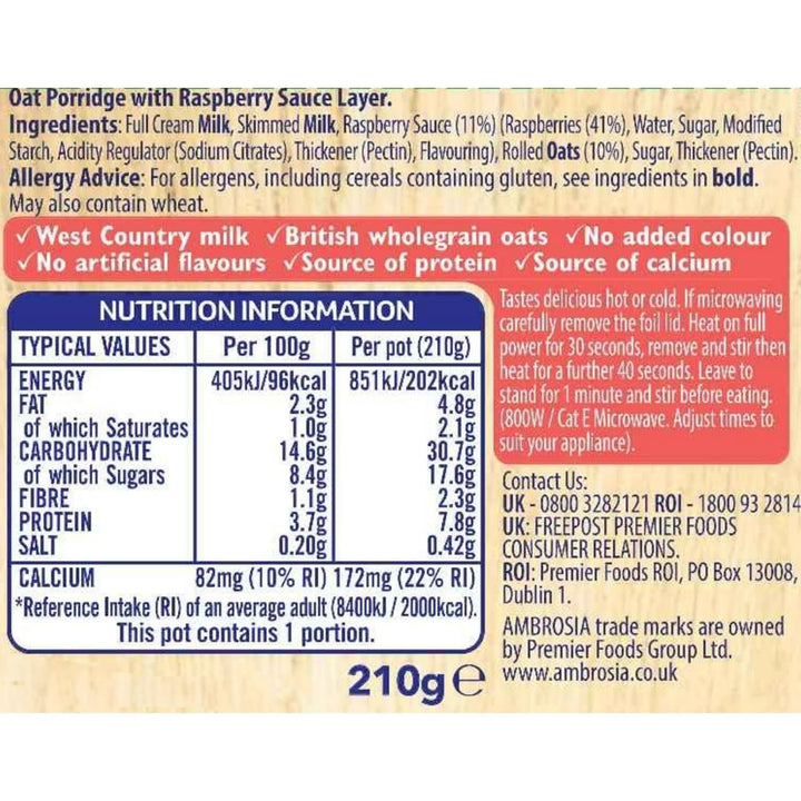 Ambrosia Raspberry Layered Porridge Pots with British Wholegrain Oats, Ready-to-Eat, 210g (Pack of 6)