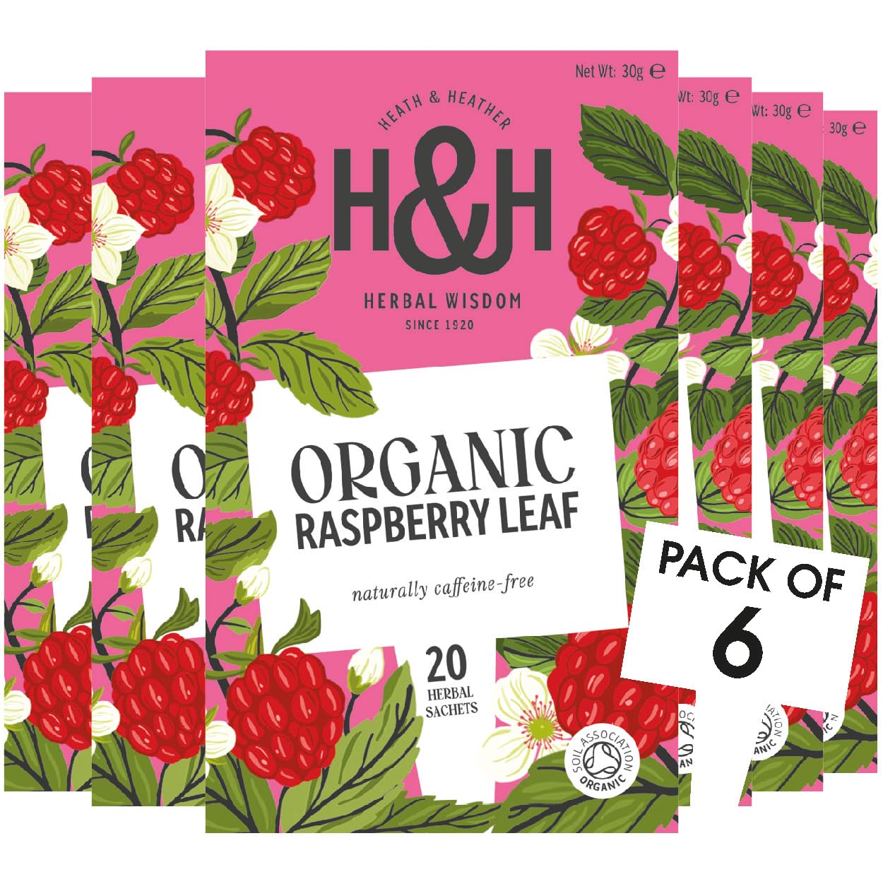 Heath & Heather Organic Raspberry Leaf Teabags (6 Packs of 20, 120 Total) Individually Wrapped Caffeine-Free Herbal Tea 1